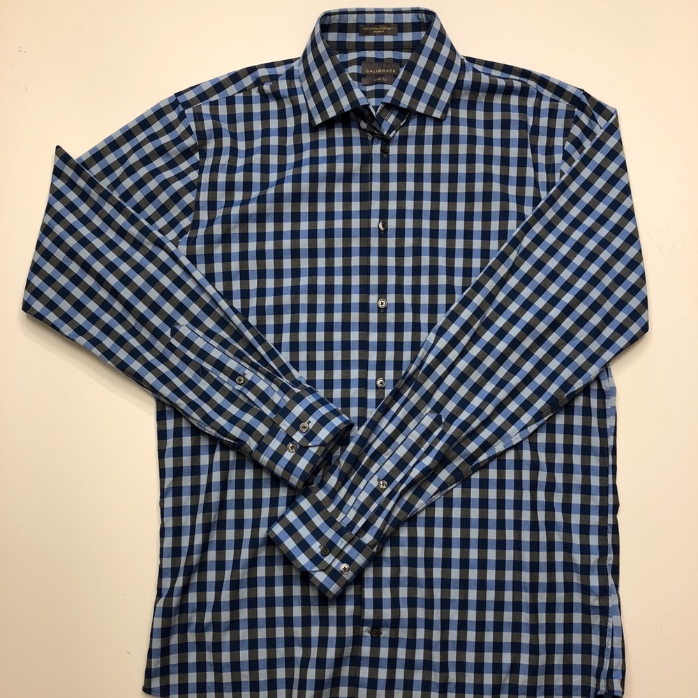 Calibrate, Blue and Gray, Plaid, Long Sleeve Shirt